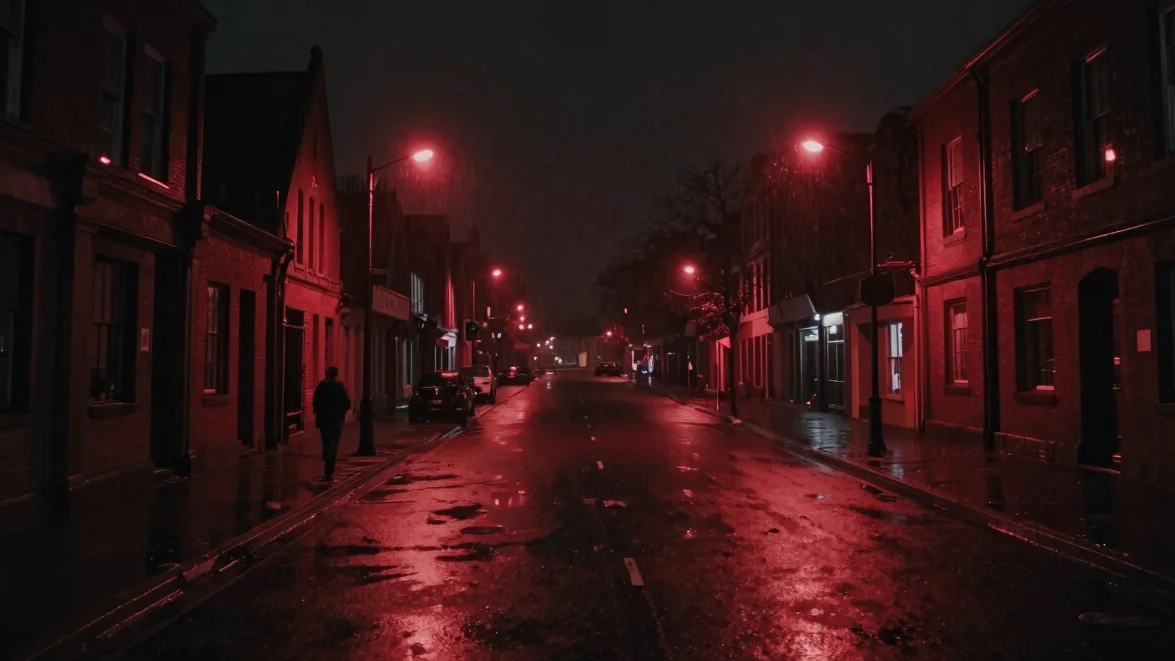 Cinematic wide of a rain-soaked city street at night, low-key cri