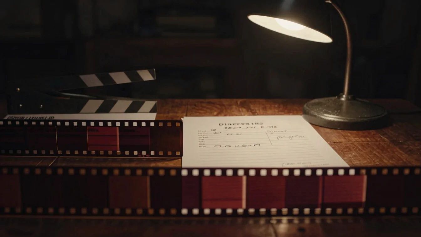 Close detail of a film strip and a director’s annotated script un